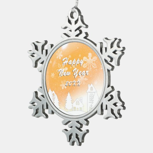 Gold White Snow House Frohes Neues Jahr Schneeflocken Zinn-Ornament (Rechts)