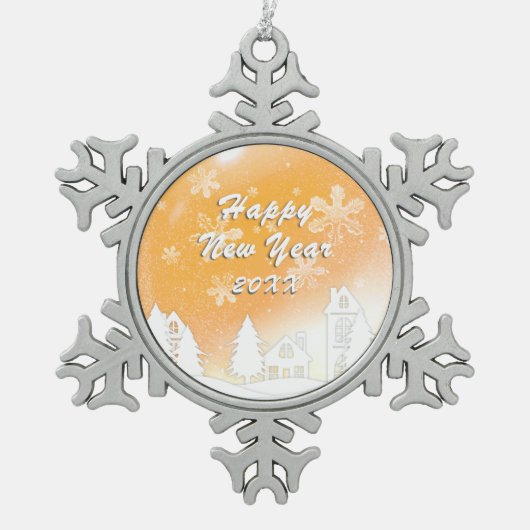 Gold White Snow House Frohes Neues Jahr Schneeflocken Zinn-Ornament (Vorderseite)