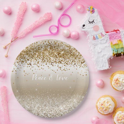 Gold White Sparkle Glitzer Peace Liebe Pappteller (Party)
