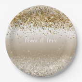Gold White Sparkle Glitzer Peace Liebe Pappteller (Vorderseite)