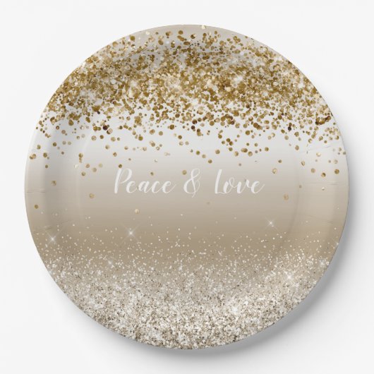 Gold White Sparkle Glitzer Peace Liebe Pappteller (Vorderseite)