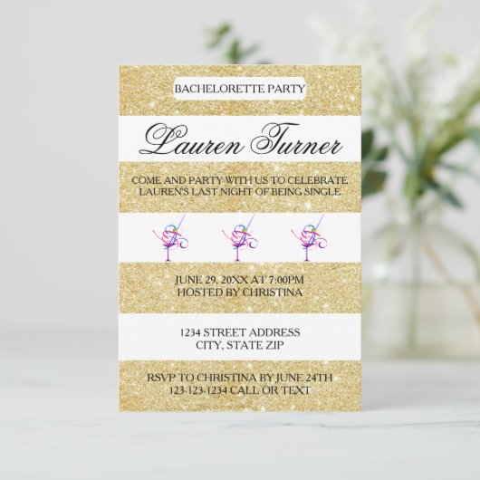 Gold & White Stripes - 3x5 Bachelorette Einladung (Stehend Vorderseite)