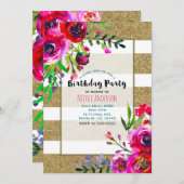 Gold & White Strips Frische Blumengeburt Party Einladung (Vorne/Hinten)