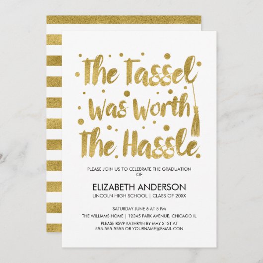 Gold & White Tassel Abschluss Card Einladung (Vorne/Hinten)