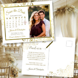 Gold & White Wedding Save the Date Calendar Foto Ankündigungspostkarte