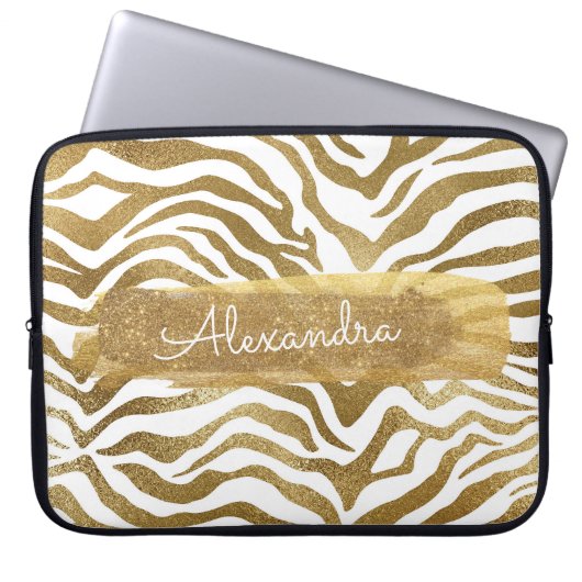 Gold & White Zebra Animal Print mit Gold Glitzer Laptopschutzhülle (Vorderseite)