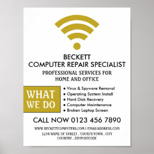 Gold Wi-Fi-Logo, Fachwerbung für Computerreparatur Poster
