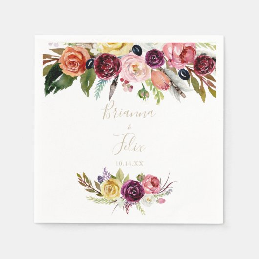 Gold Wild Feather Boho Tropical Floral Wedding Serviette (Vorderseite)