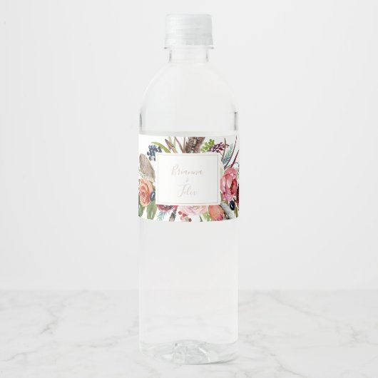 Gold Wild Feather Boho Tropical Floral Wedding Wasserflaschenetikett (Vorderseite)