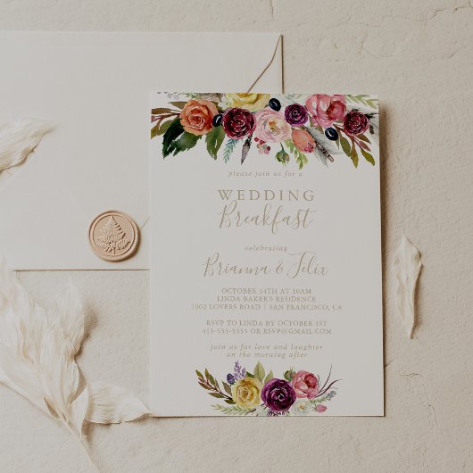 Gold Wild Feather Boho Tropical Wedding Breakfast Einladung