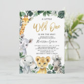 Gold Wild One Safari Jungle Animals Baby Dusche Einladung (Stehend Vorderseite)