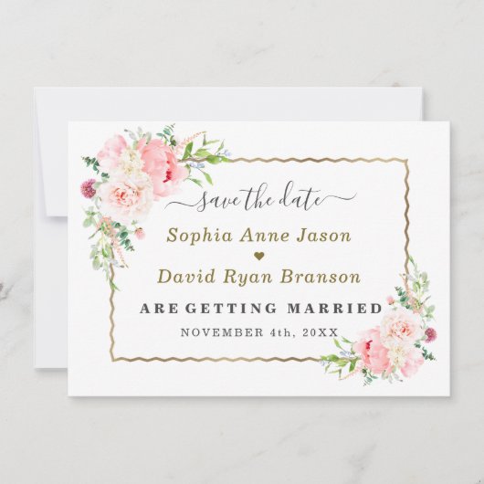 Gold Wild Pink Flowers Wedding Calligraphy Save The Date (Vorderseite)