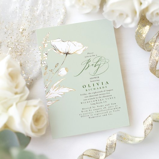 Gold Wildblumen setzen Grüne Elegante Babydusche e Einladung