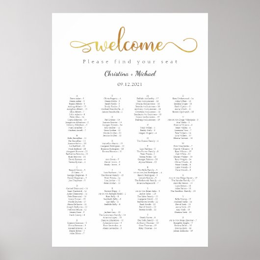 Gold Willkommen Alphabetische Sitzkarten Poster (Vorne)
