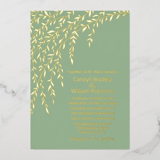 Gold Willows Light Sage Green Wedding Folieneinladung (Vorderseite)