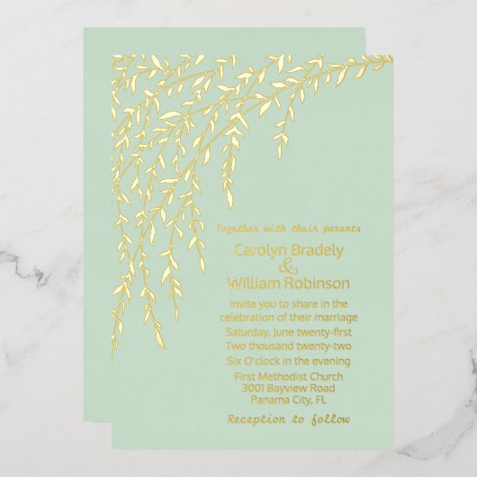Gold Willows Mint Green Wedding Foil Einladung (Vorderseite/Rückseite)