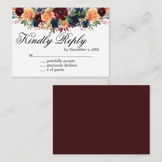 Gold Wine Burgundy Navy Blue Floral RSVP Card Begleitkarte (Vorne/Hinten)
