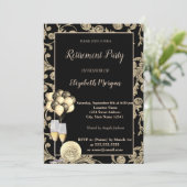 Gold-Wine-Glas, Ballons, Wirbel-Renten-Party Einladung (Stehend Vorderseite)