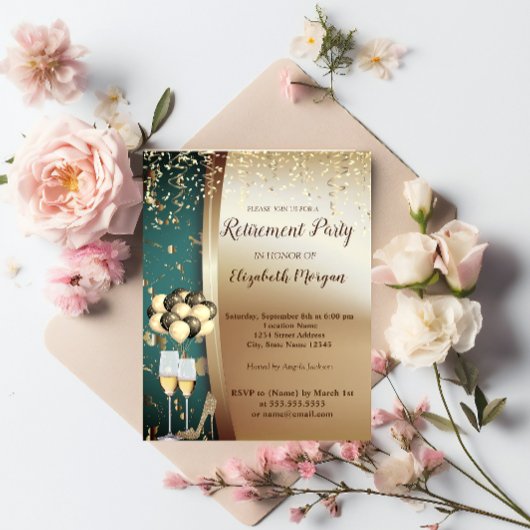 Gold-Wine-Glas, High Heels, Ballons-Renten-Party Einladung