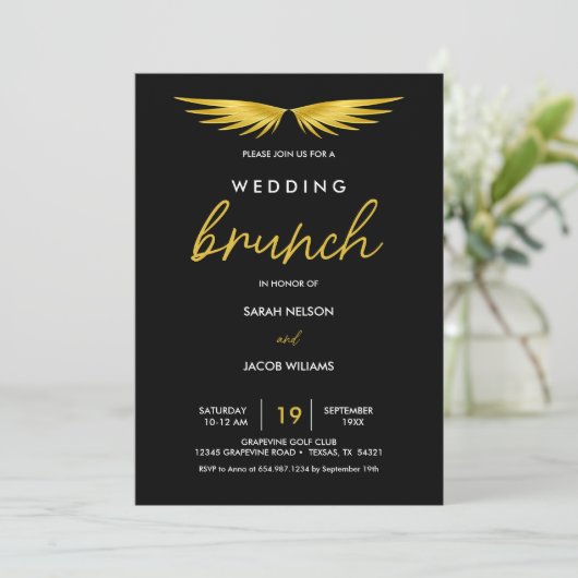 Gold Wings, Black Post Wedding Brunch Save The Date (Stehend Vorderseite)