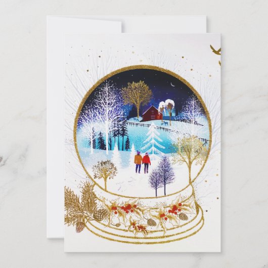 Gold Winter Eve Couple Snowglobe Forest Zuhause Feiertagskarte (Vorderseite)