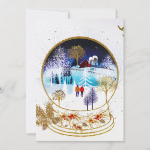 Gold Winter Eve Couple Snowglobe Forest Zuhause Feiertagskarte