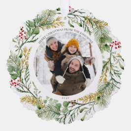 Gold Winter Greenery Frohe Weihnachts Foto Wreath Ornament Karte
