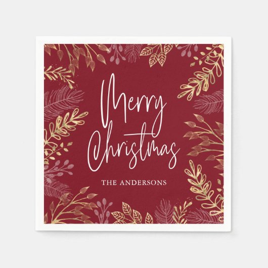 Gold Winter Greenery Red Christmas Serviette (Vorderseite)