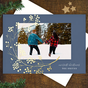 Gold Winter Natürlich Blau Frohe Weihnachten Foto Folien Feiertagskarte