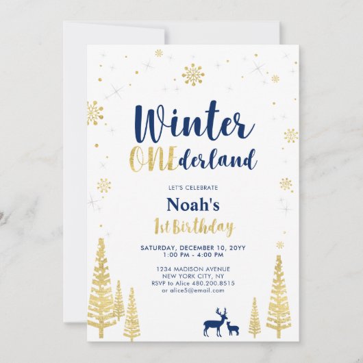 Gold Winter Onederland 1st Boy Birthday Einladung (Vorderseite)