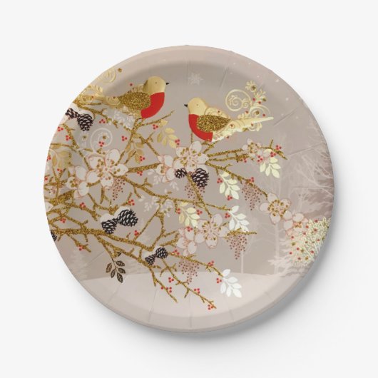 Gold Winter Snow Birds Weihnachten Pappteller (Vorderseite)