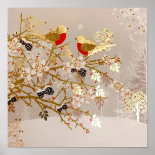 Gold Winter Snow Birds Weihnachten Poster