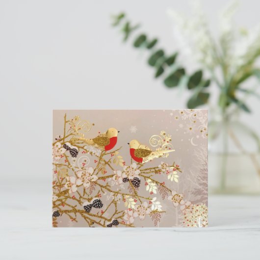 Gold Winter Snow Birds Weihnachten Postkarte (Stehend Vorderseite)