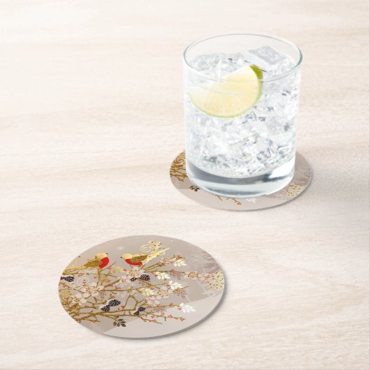 Gold Winter Snow Birds Weihnachten Runder Pappuntersetzer (Vor Ort)