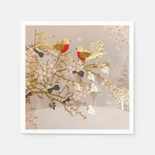 Gold Winter Snow Birds Weihnachten Serviette (Vorderseite)