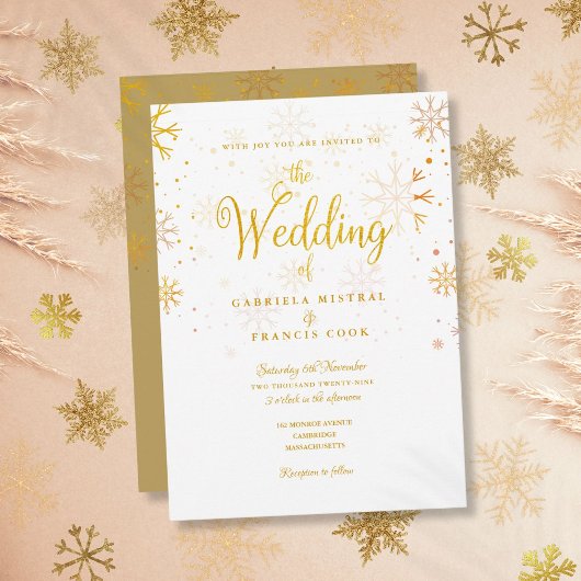 Gold Winter Snowflakes Elegante Script Wedding Einladung