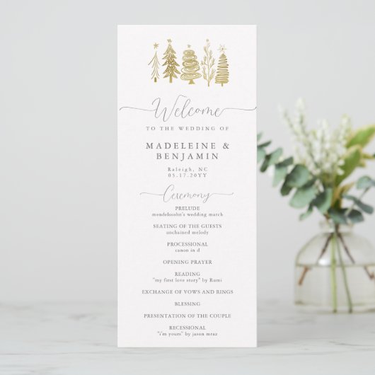 Gold Winter Trees Elegantes Hochzeitsprogramm (Stehend Vorderseite)