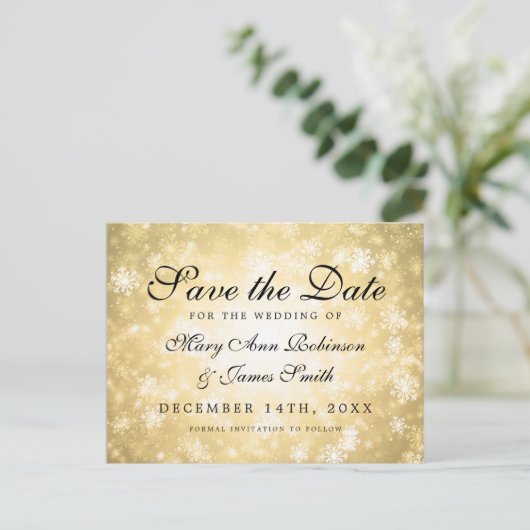 Gold Winter Wonderland Elegant Save the Date Ankündigungspostkarte (Stehend Vorderseite)