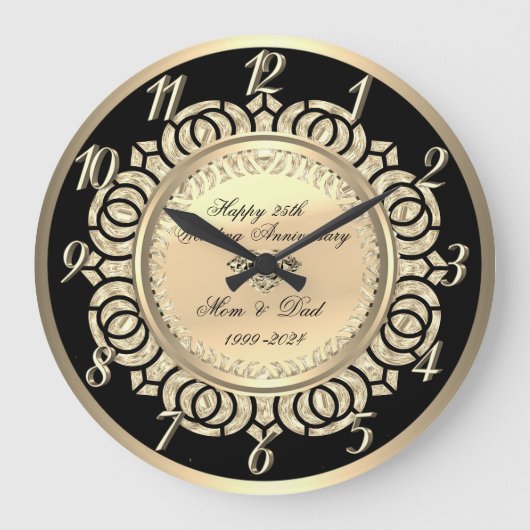 Gold Wirbel Black 25. Hochzeitstag Große Wanduhr (Vorderseite)