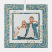 Gold Wirbel Foto Blue Ornament Aus Glas (Vorderseite)