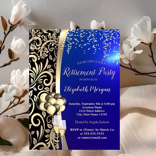 Gold Wirbel Glas, High Heels, Blue Retirement Einladung