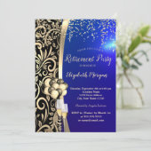 Gold Wirbel Glas, High Heels, Blue Retirement Einladung (Stehend Vorderseite)