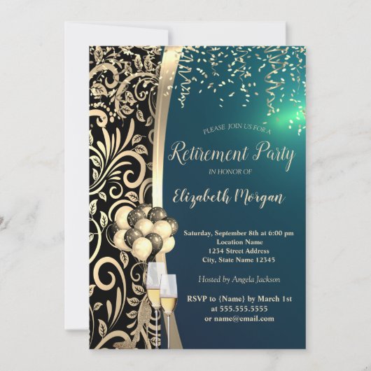 Gold-Wirbel Glas, hohe Absätze, grüne Pensionierun Einladung (Vorderseite)