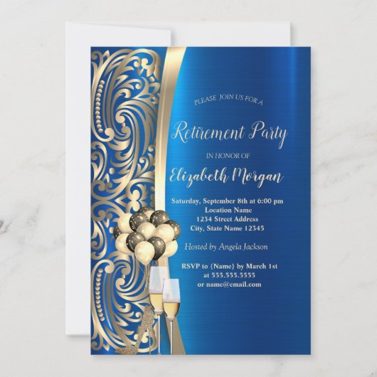 Gold-Wirbel Glass, High Heels Blue Retirement Einladung (Vorderseite)