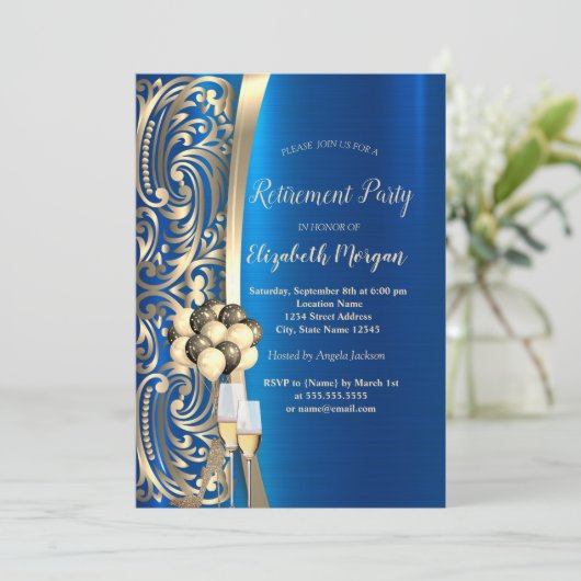 Gold-Wirbel Glass, High Heels Blue Retirement Einladung (Stehend Vorderseite)