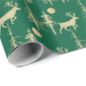 Gold Woodland Pine Forest Stag Green Geschenkpapier (Rolleneckpunkt)
