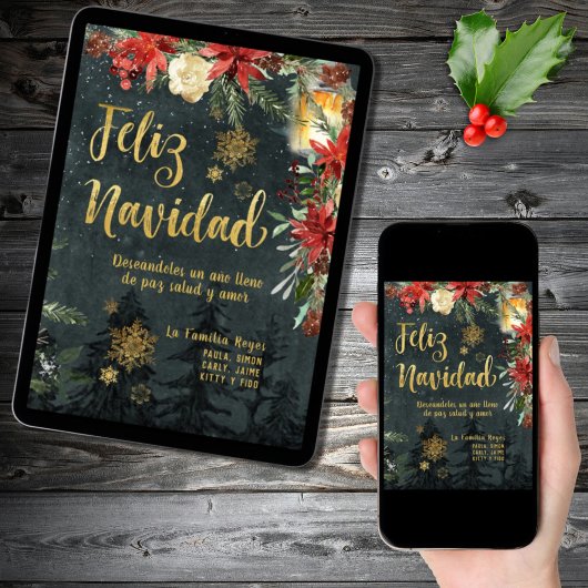 Gold Woodland Spanish Feliz Navidad Weihnachtskart Einladung