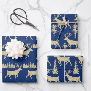 Gold Woodland Stag Spruce Tree Forest Navy Blue Wr Geschenkpapier Set