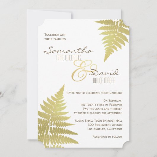 Gold Woodland Wedding Fern Einladung (Vorderseite)