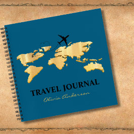 Gold World Map & Airplane, Travel Journal, Custom Notizblock